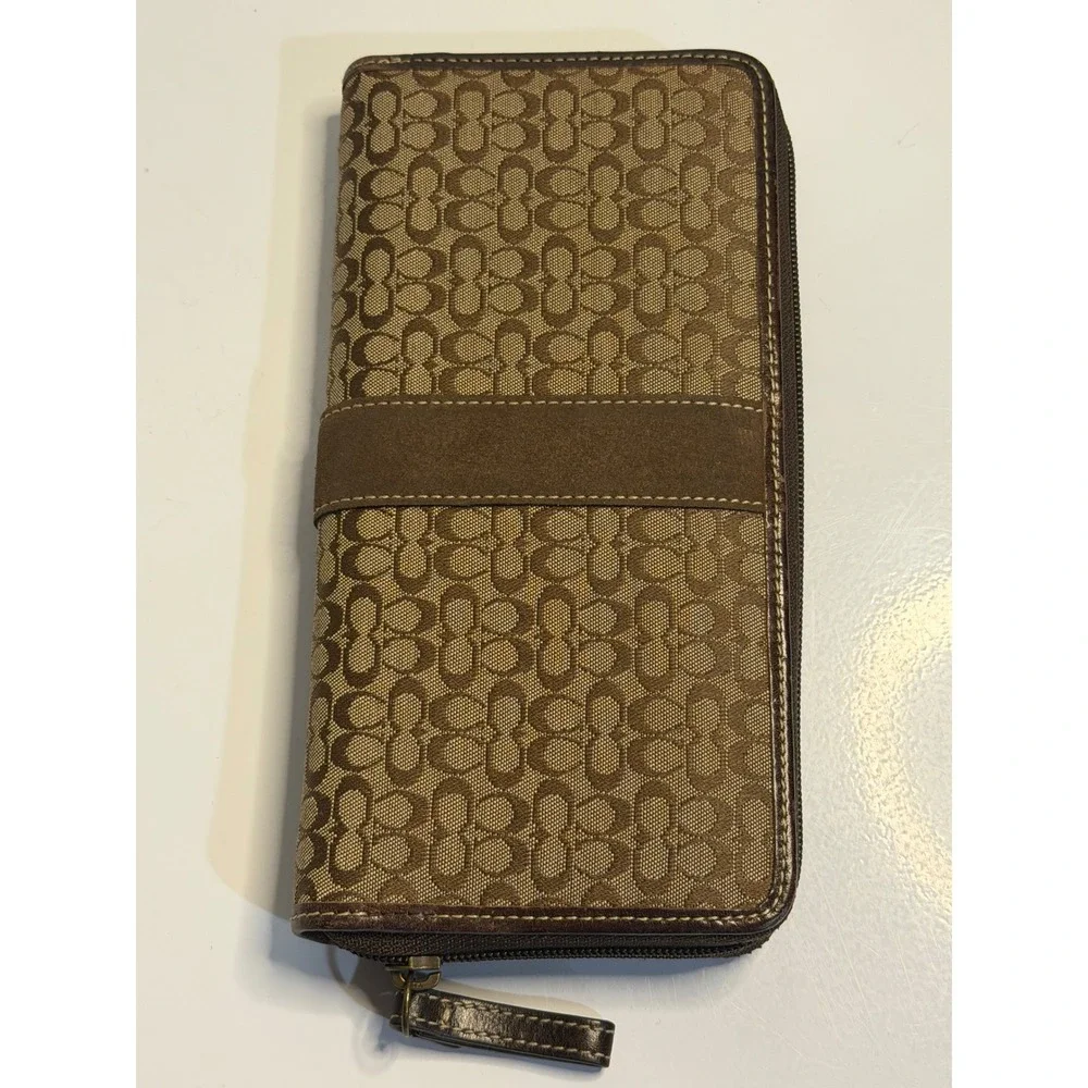 VTG Coach‎ Wallet Brown Signature Canvas Suede Trim Zip Around Accordion Clutch